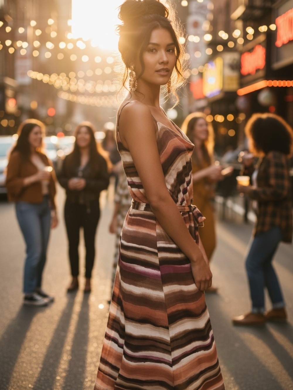 Chaser Retro Stripe Cowl Neck Maxi Dress NWT High Low Belted Boho Slip Dress